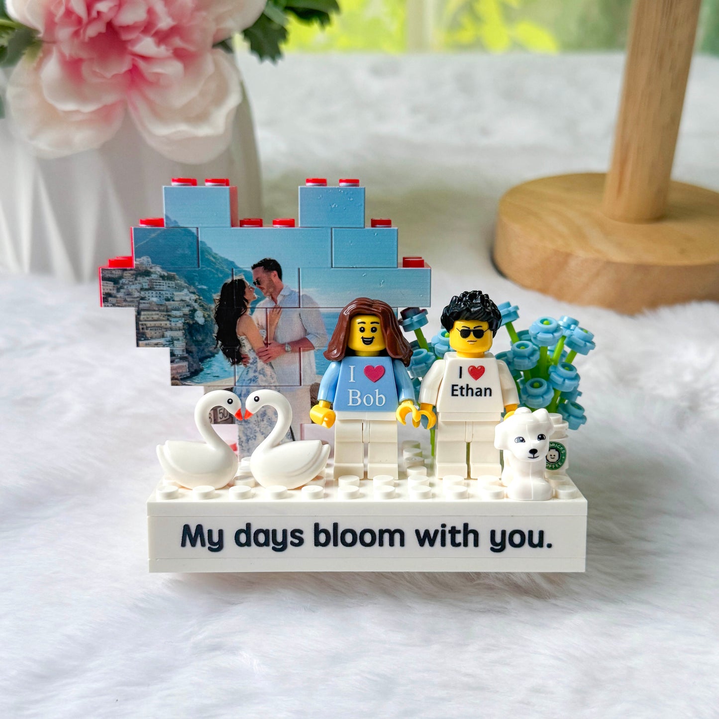Custom Couple Brick Figures Gift Set with Heart Background