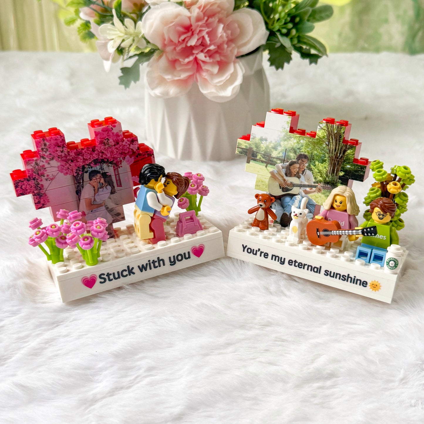 Custom Couple Brick Figures Gift Set with Heart Background