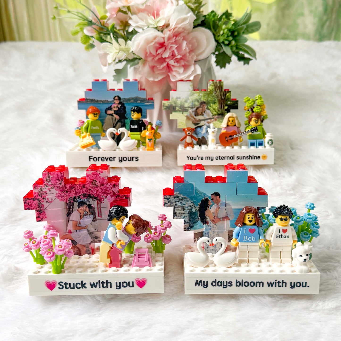 Custom Couple Brick Figures Gift Set with Heart Background