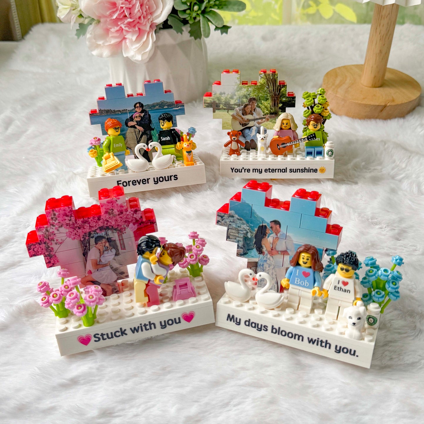 Custom Couple Brick Figures Gift Set with Heart Background
