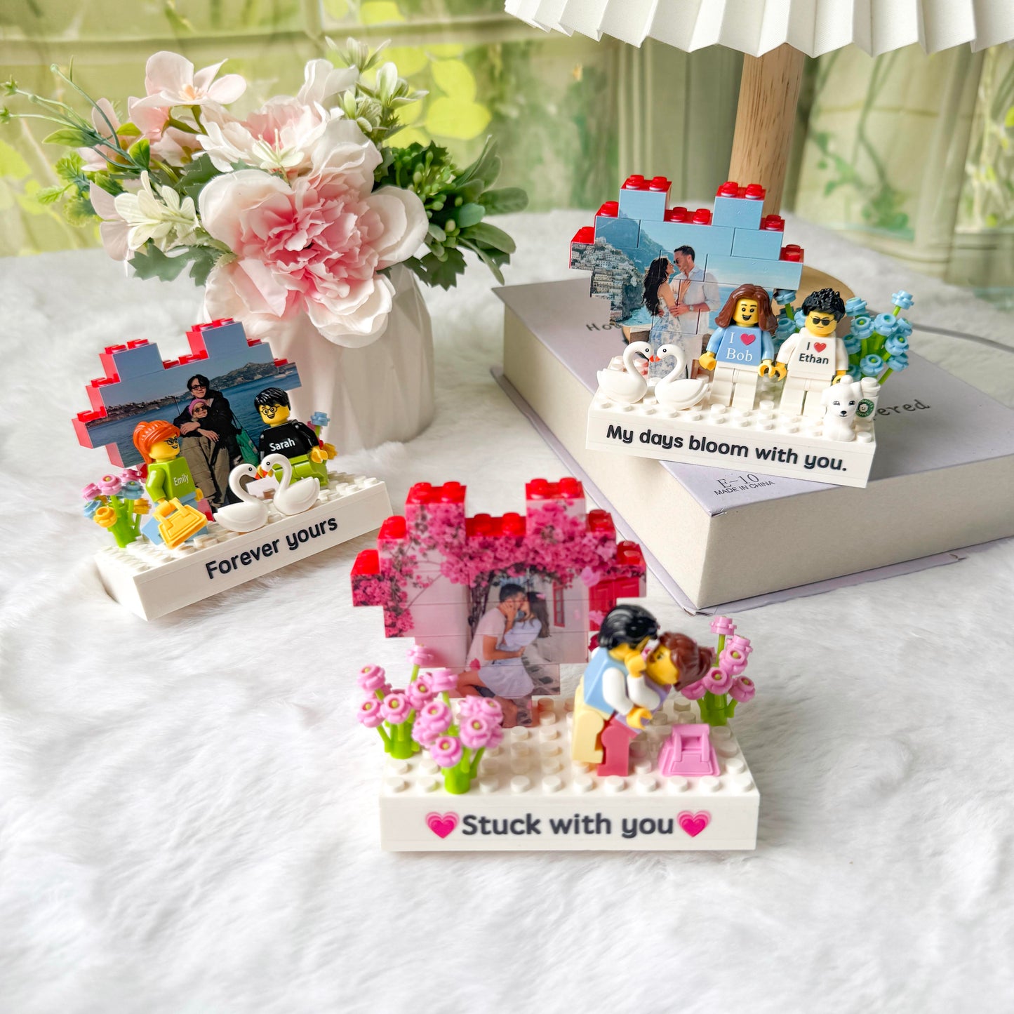 Custom Couple Brick Figures Gift Set with Heart Background
