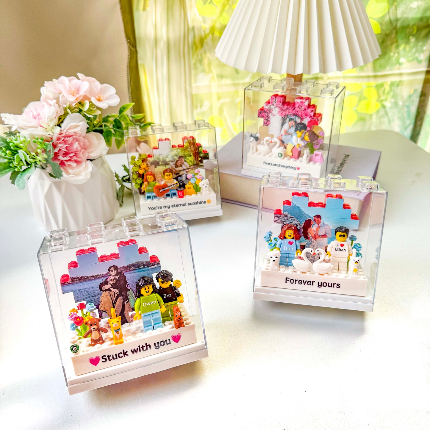 Custom Couple Brick Figures Gift Set with Heart Background