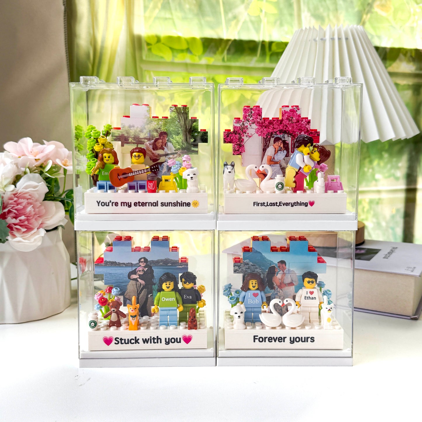 Custom Couple Brick Figures Gift Set with Heart Background