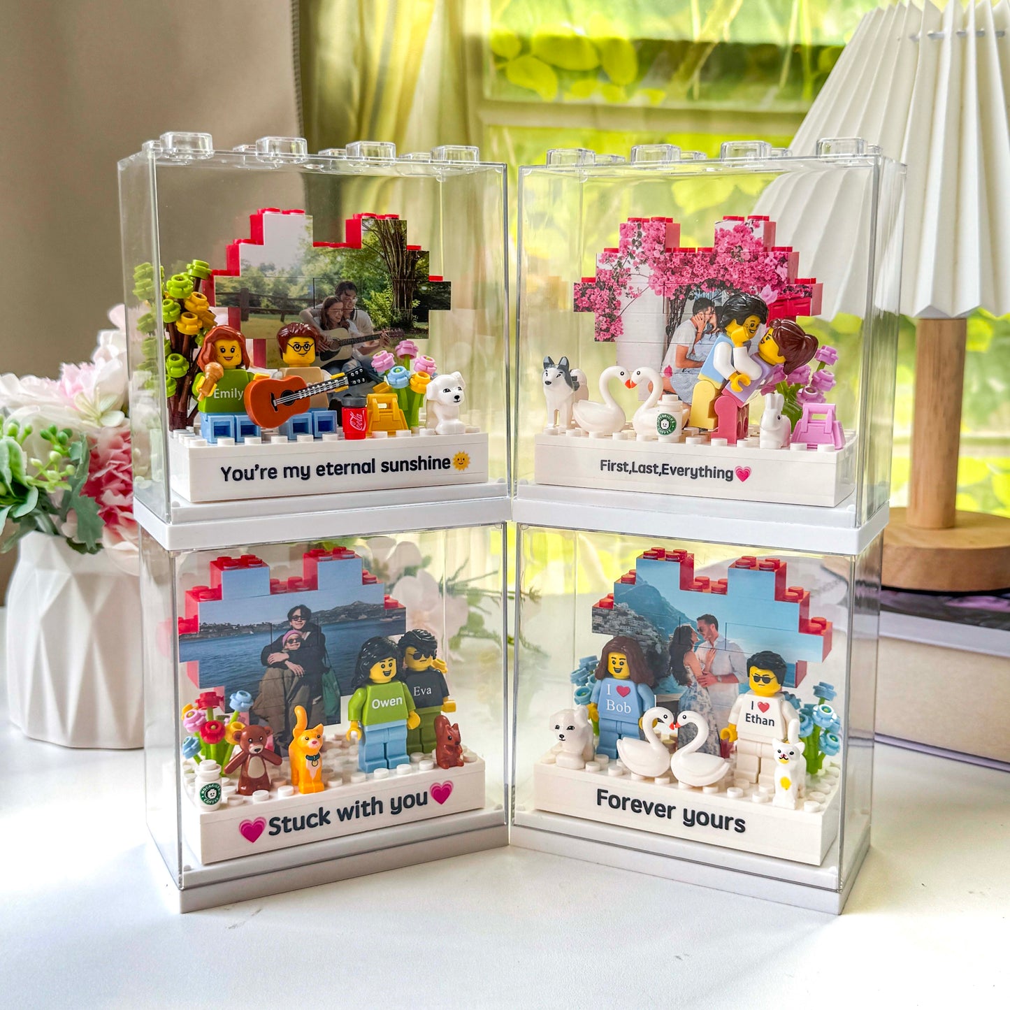 Custom Couple Brick Figures Gift Set with Heart Background