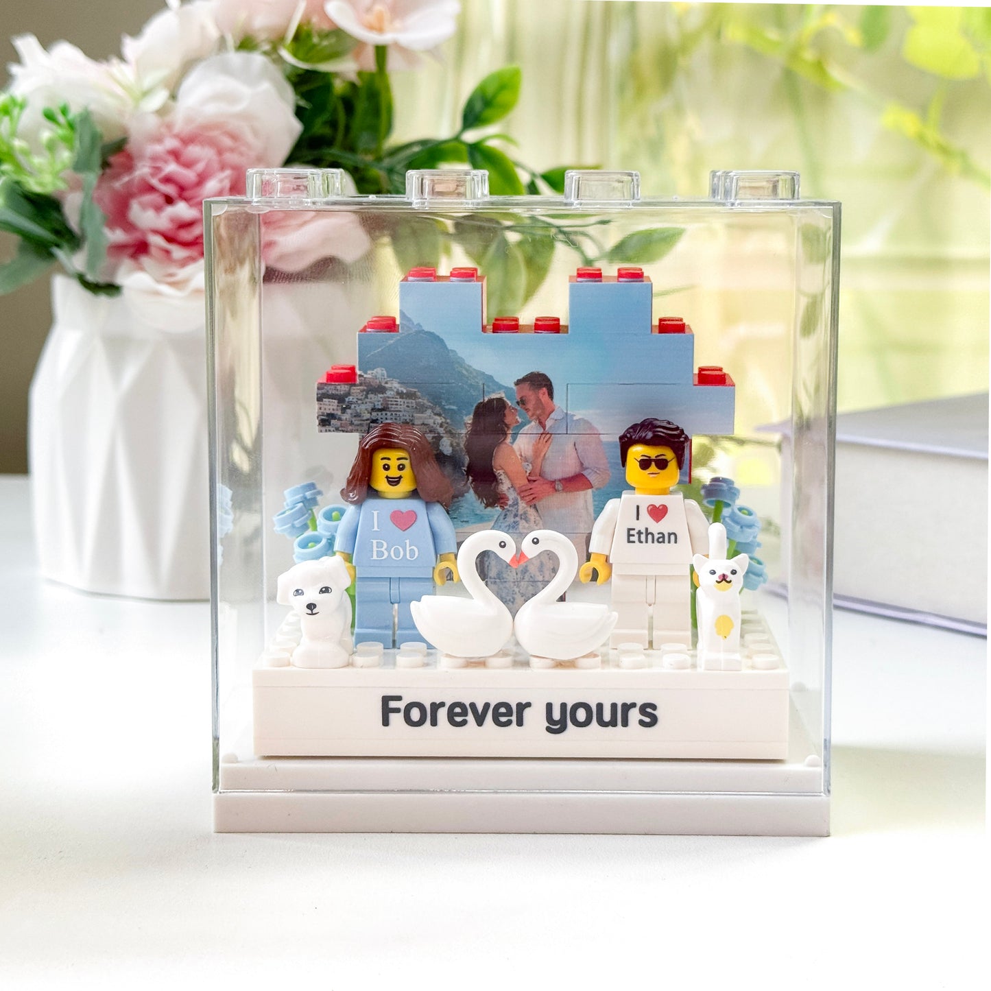 Custom Couple Brick Figures Gift Set with Heart Background